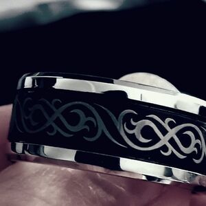 Elegant Tungsten Black and Silver Celtic Design Men's Wedding Or Casual Ring